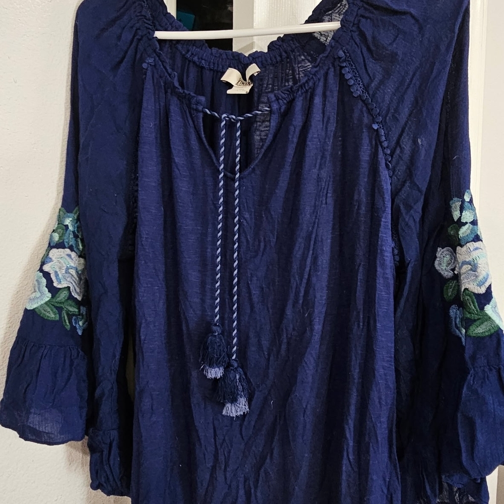 Vintage America Deep Blue Blouse with Floral Embroidery